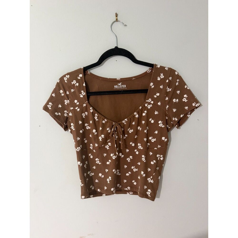 Hollister Brown Floral Babydoll Top – Y2K Boho Coquette – Tie Front – Women’s M